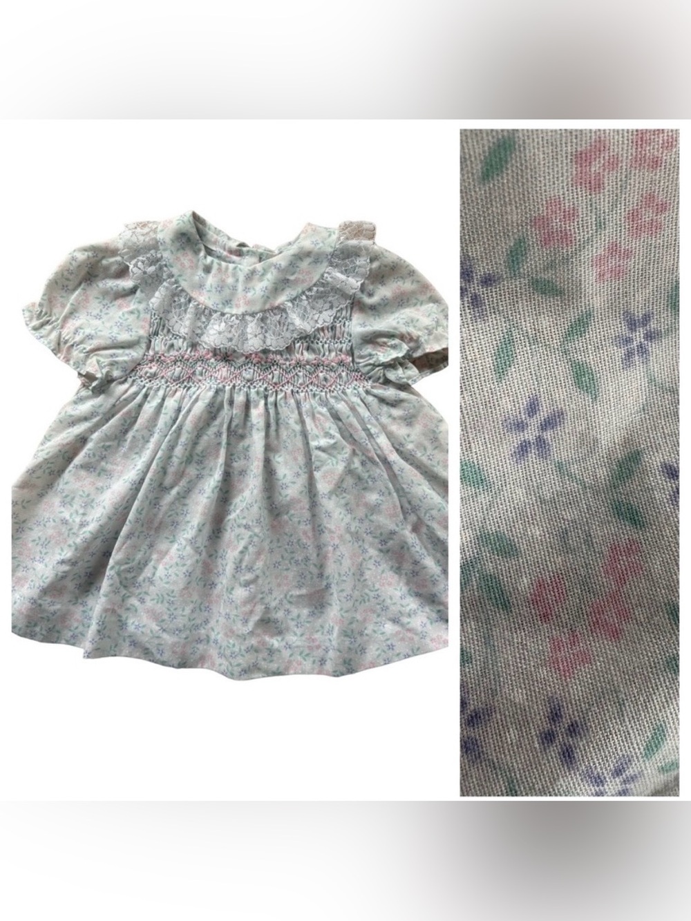 Polly Flinders Pastel Floral Swiss Dot Smocked Embroidered Lace Trim Dress 6-9M